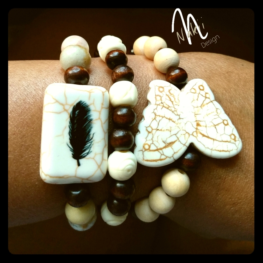 Handcrafted Buttterfly and feather Bracelet Set